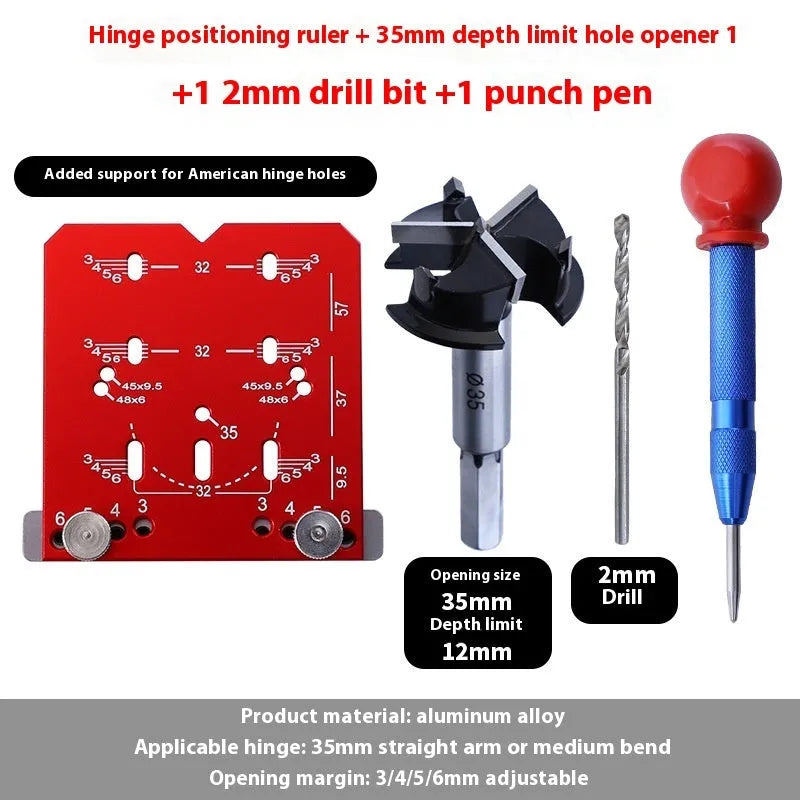 Red aluminium alloy hinge locating rule tool for 35mm cabinet hinges with adjustable margin settings