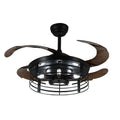 American retro-style ceiling fan lamp with retracted acrylic blades and integrated light shade, remote control on table.