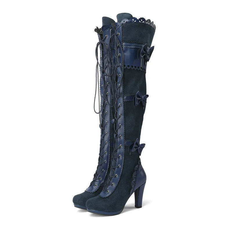 Women's high heel lace strap boots in black with round toe and artificial PU upper