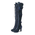 Women's high heel lace strap boots in black with round toe and artificial PU upper