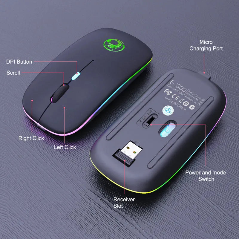 White dual-mode wireless mouse with silent buttons on a wooden desk next to a laptop.