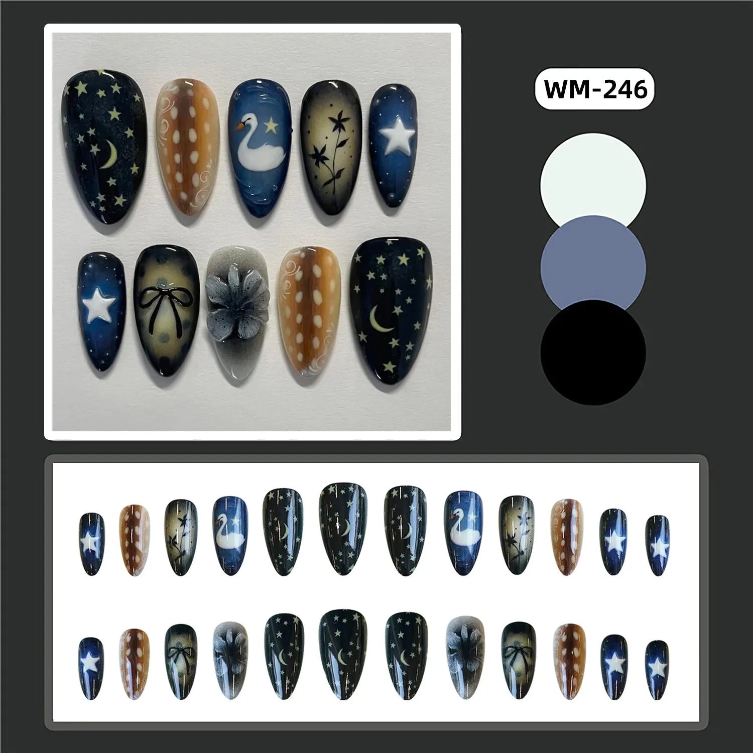 Women's French nail tip set with star moon swan bow flower pattern and glue