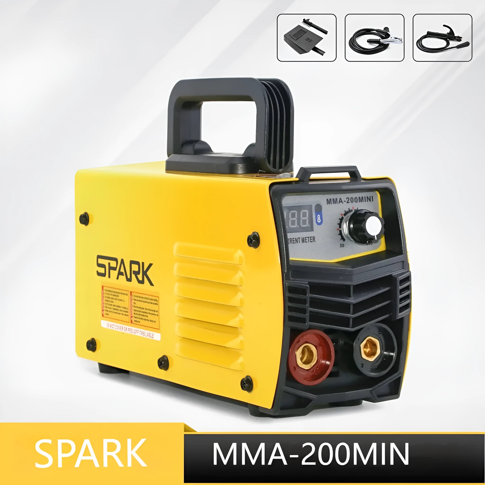 MMA-200MIN compact blue and black inverter welding machine with attached cables, face shield, and brush on a workbench.