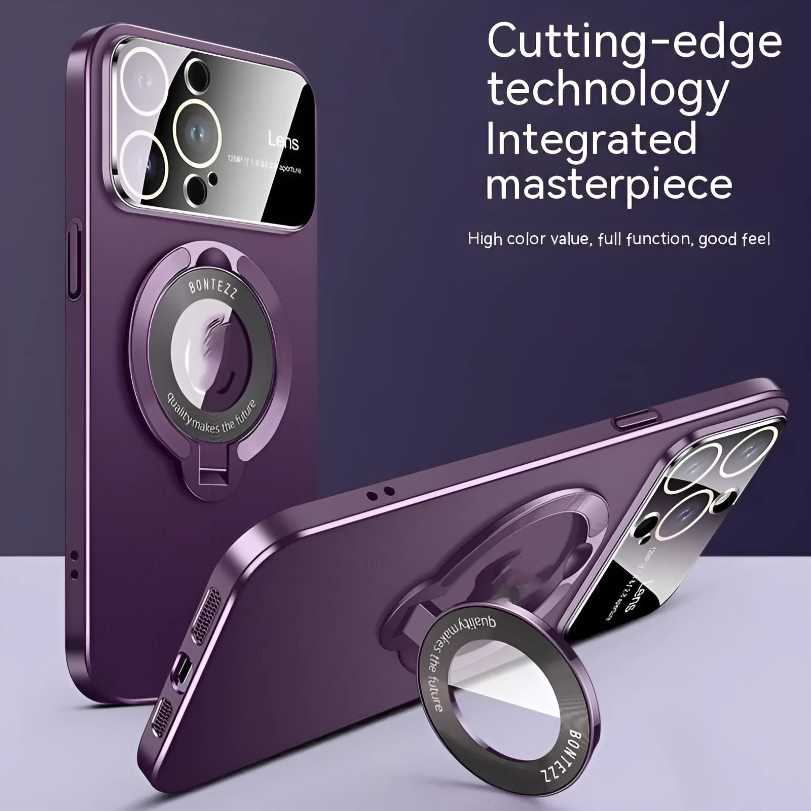 Magnetic iPhone case with large transparent window and invisible bracket in dark purple colour