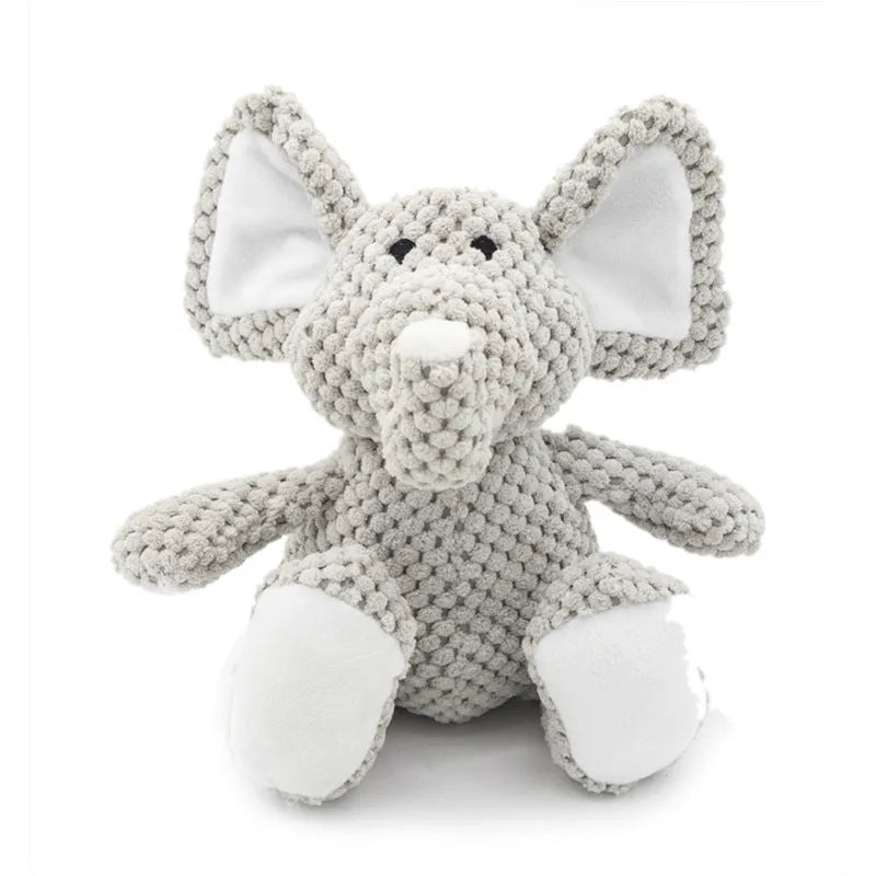 Four animal-shaped dog plush toys: donkey, elephant, orangutan and rabbit designs with squeakers