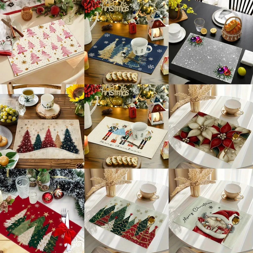 Square linen Christmas table mat, 30 x 45cm, with printed Christmas tree design and fourteen colour options.
