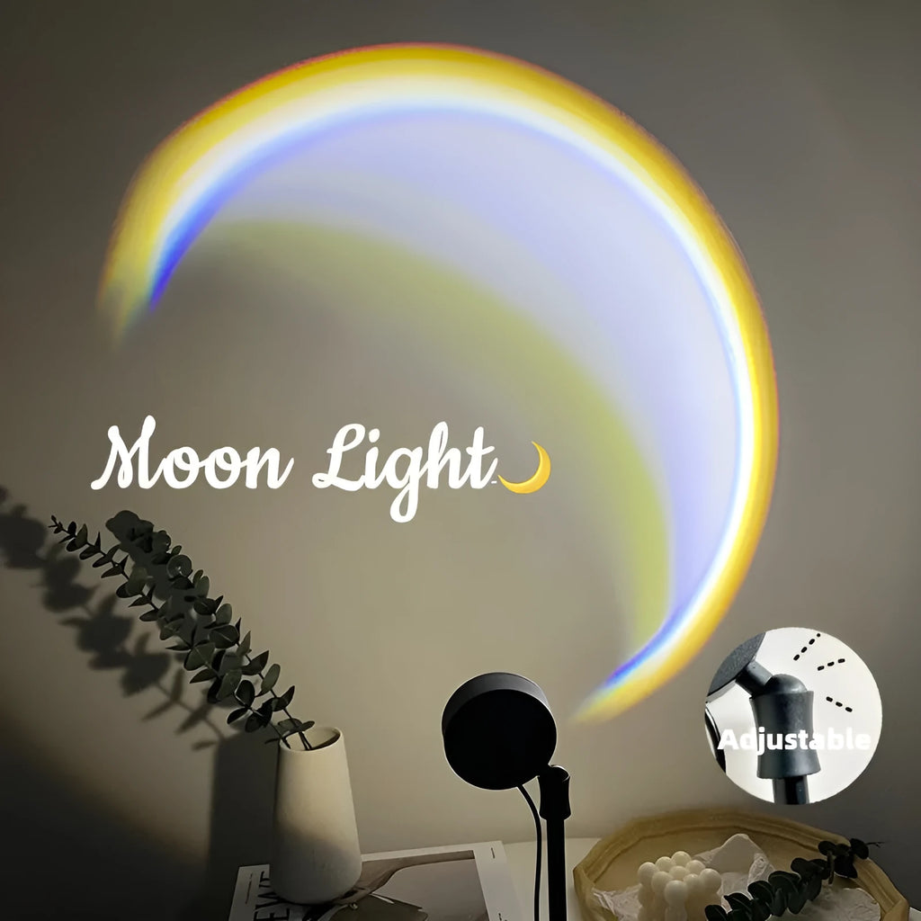 INS USB moon lamp LED rainbow neon night sunset light with 360° rotation on a bedside table