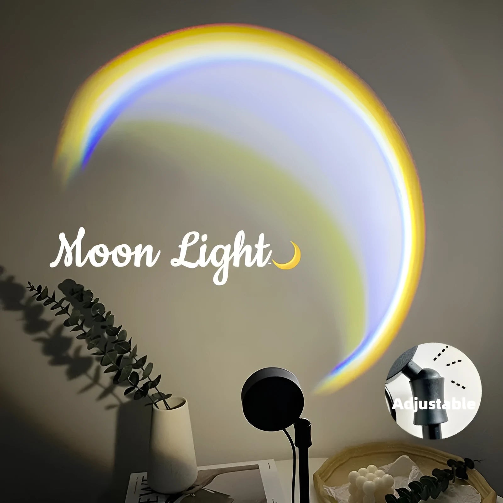 INS USB moon lamp LED rainbow neon night sunset light with 360° rotation on a bedside table