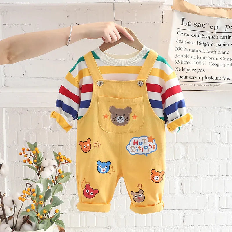 Boys' plaid top and strap trousers set in yellow or milky white, cotton outfit, sizes 80cm to 120cm