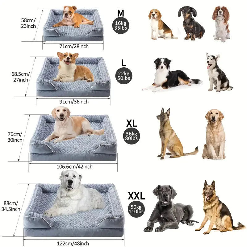 Removable waterproof dog kennel pad in light grey, dark grey and coffee colours, showing size options