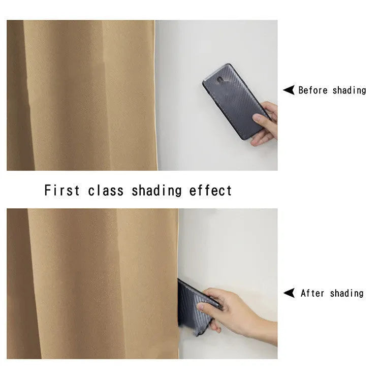 Full blackout polyester curtain with black lining, perforated top, beige colour, lying flat on surface