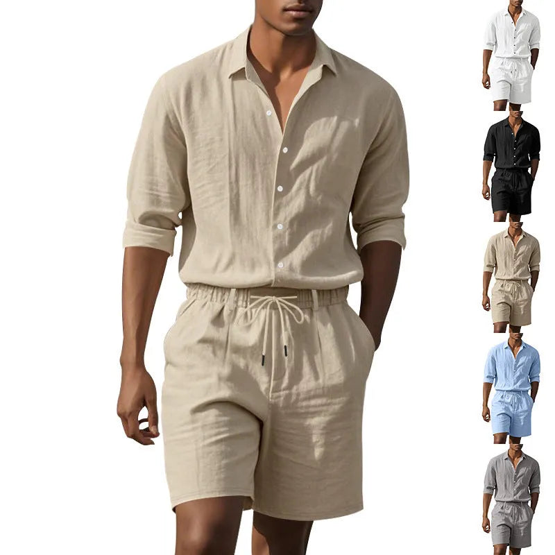 Men's linen beach suit consisting of a long sleeve shirt and shorts, shown in light blue colour.