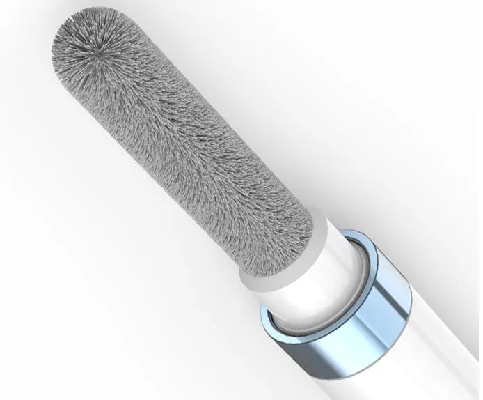 Blue headphone cleaning pen with metal nib, flocking sponge and long fine brush, 14 cm long