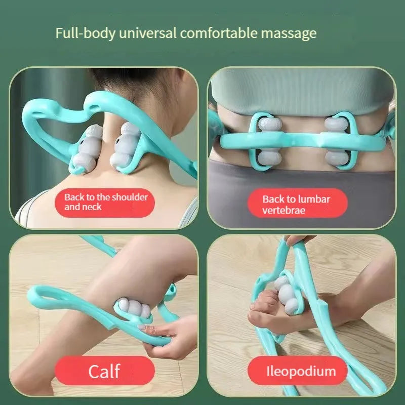 Blue handheld neck massager roller with pressure points on a grey background