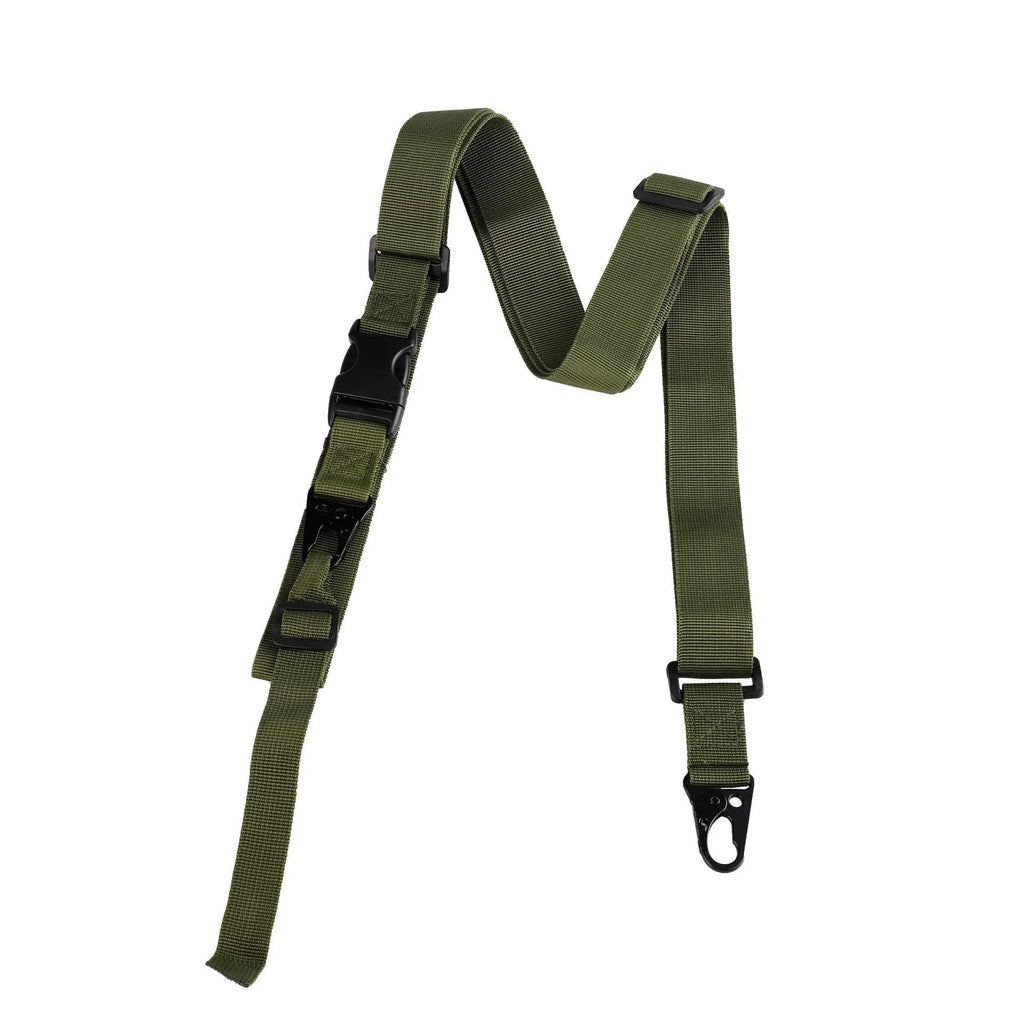 Army green nylon crossbody sling strap with alloy buckle, showing length and snap button fastener.