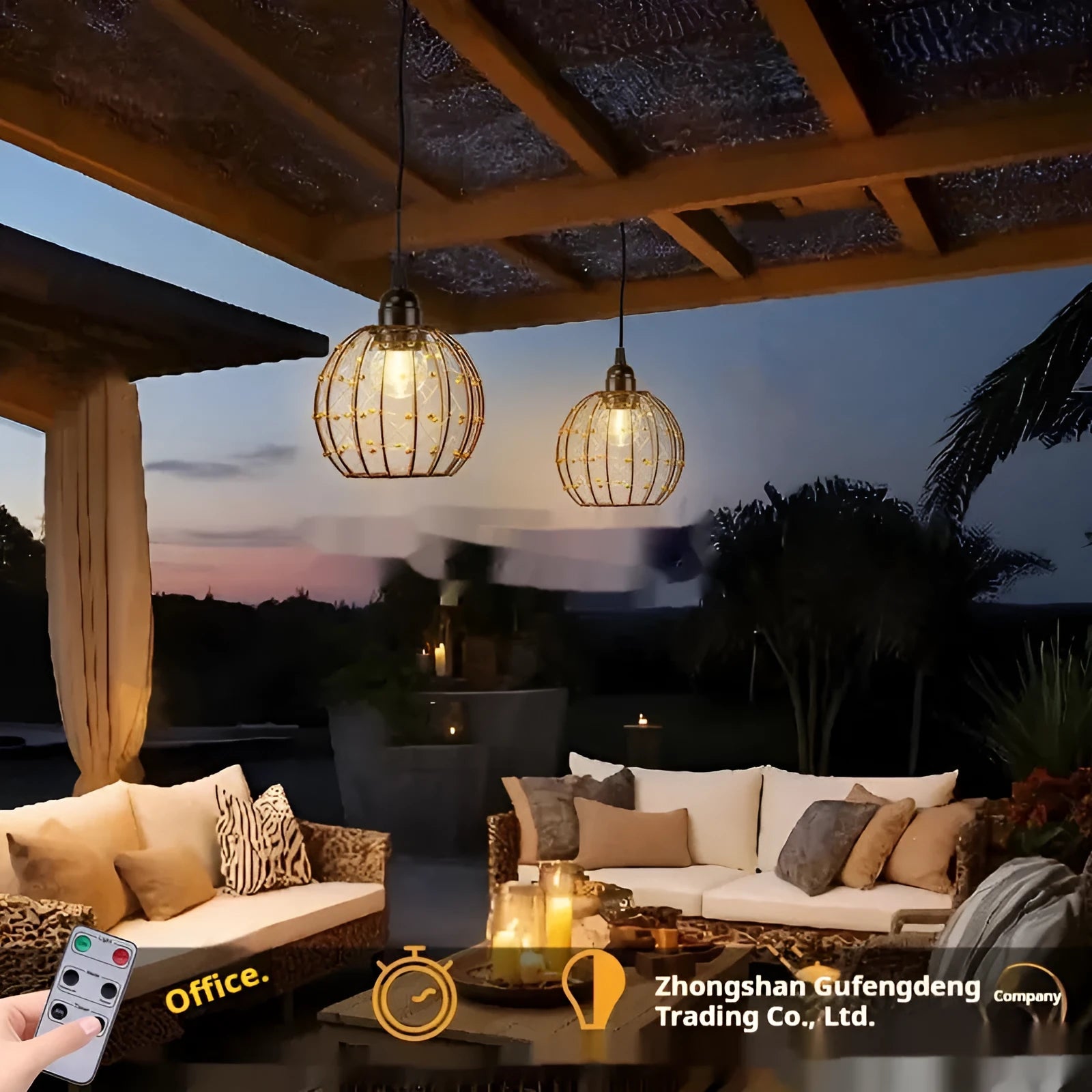 American style outdoor LED chandelier with battery box, shown with remote control option.