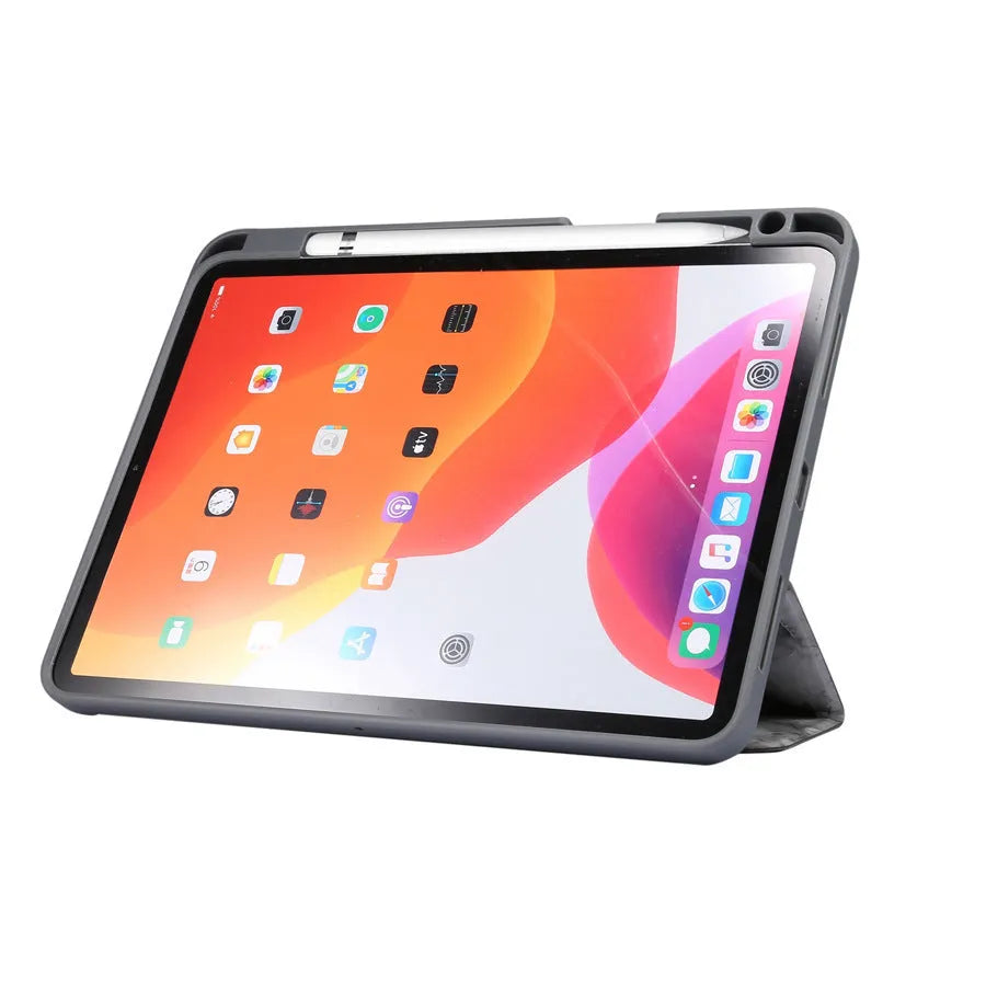 Dark grey imitation leather iPad tri-fold case with integrated pen slot, shown in stand position.