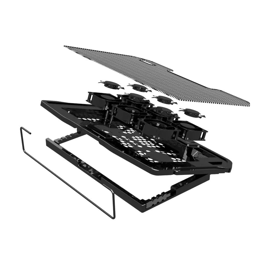 Black laptop cooling rack with six fans, metal mesh surface and adjustable height, 370 x 255 x 27 mm