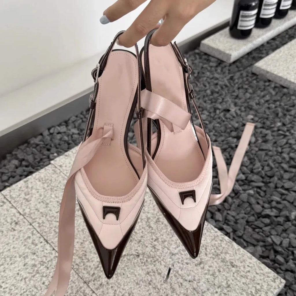Women's black and pink special-shaped root lace-up high heels showing heel detail and lace fastening