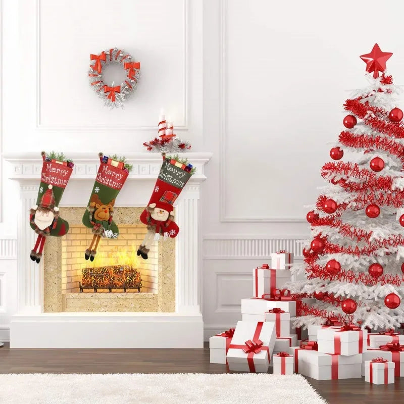 Three large Christmas stockings with 3D Santa, Snowman, and Reindeer designs hanging from loops