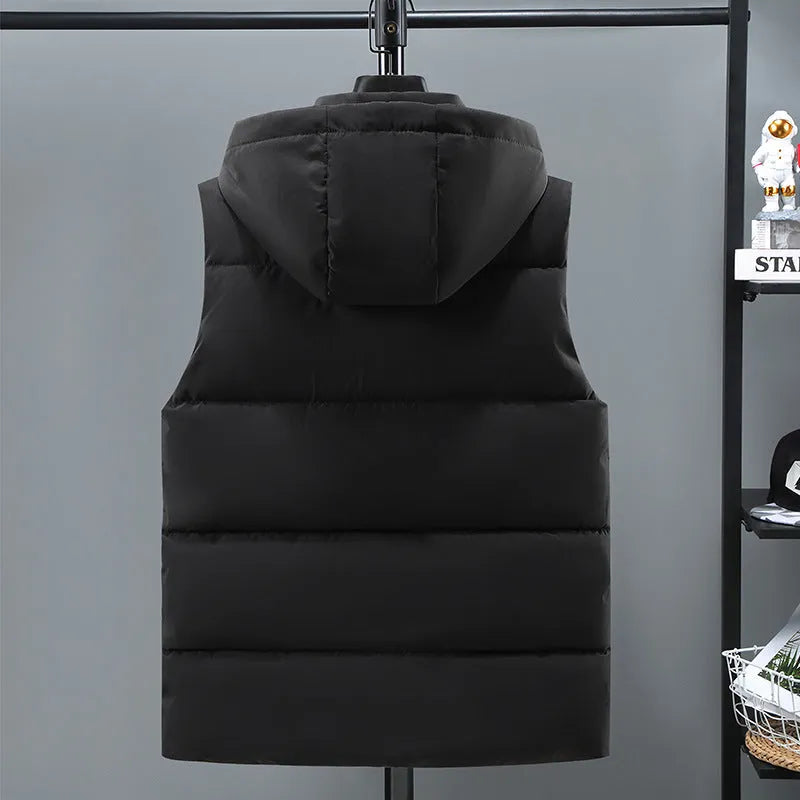 Men's solid colour thickened vest with a removable cap, shown in black and blue colour options.