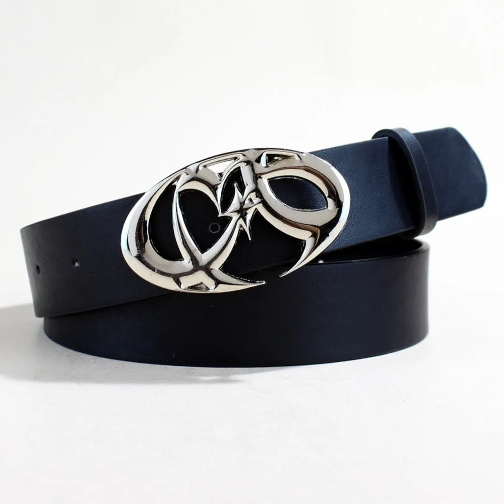 Casual silver buckle PU leather belt showing 3.3cm width and snap button fastening