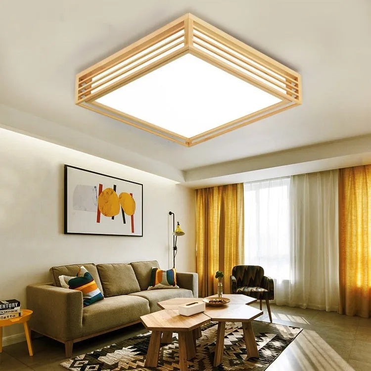 Solid wood Nordic ceiling lamp with remote control and three colour temperature settings for living room and bedroom