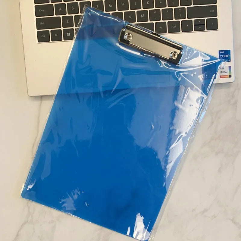 Transparent A4 plate holder with metal flat clip and writing board pad in blue colour