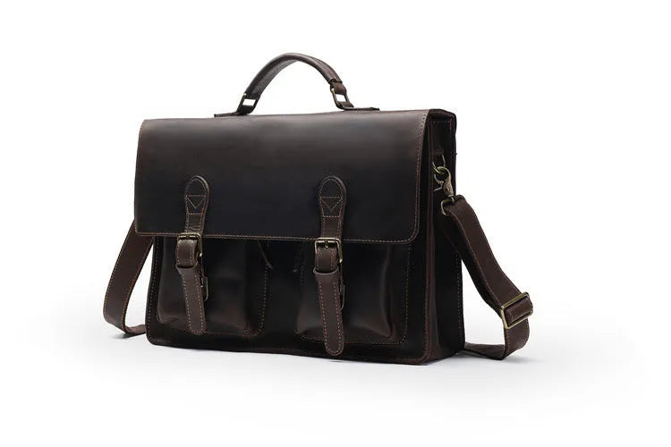 Genuine cowhide leather computer bag with crossbody strap in dark brown colour for business use