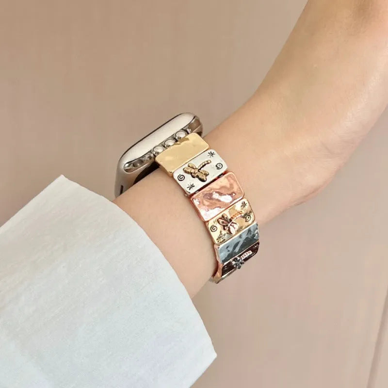 Elastic embossed dragonfly watch band for Apple Watch, stretchable single-circle design, available in 125mm and 135mm lengths