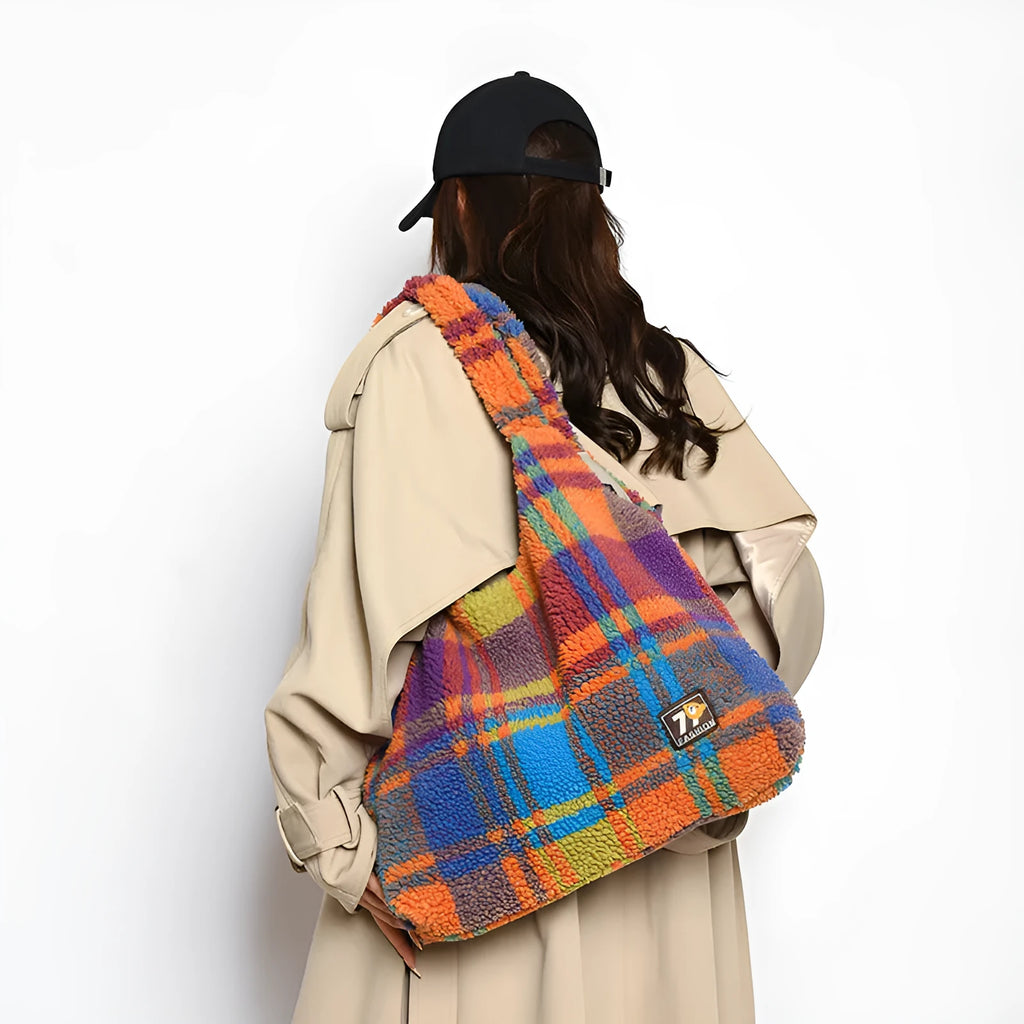 Women's plaid plush crossbody tote bag in orange, purple, or army green with shoulder strap