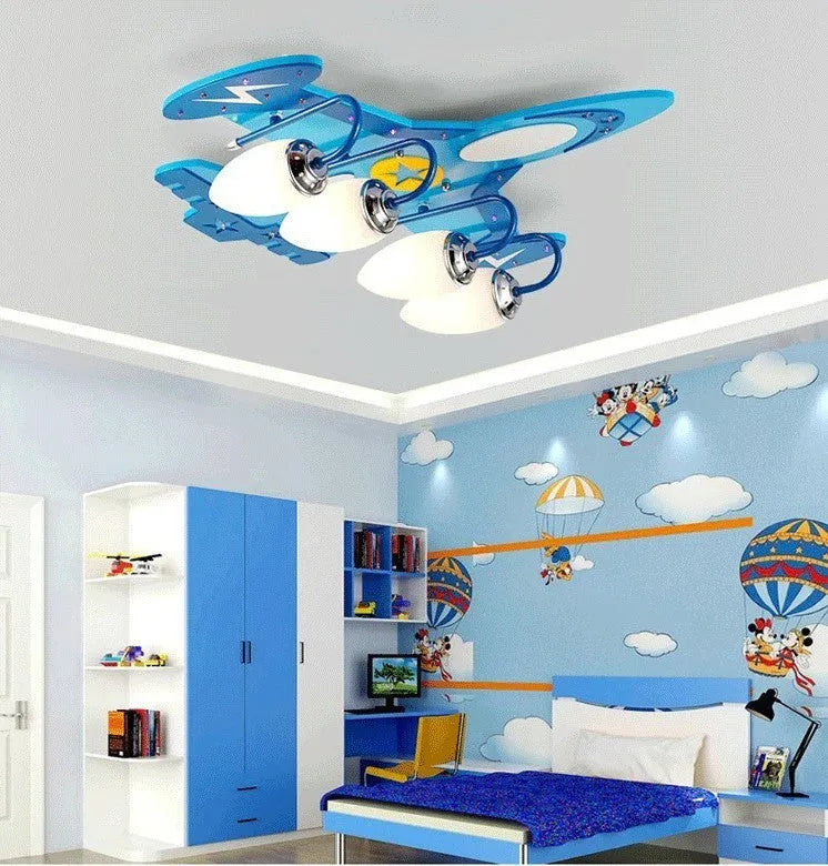 Children's wooden airplane cartoon LED ceiling light with rectangular glass shade