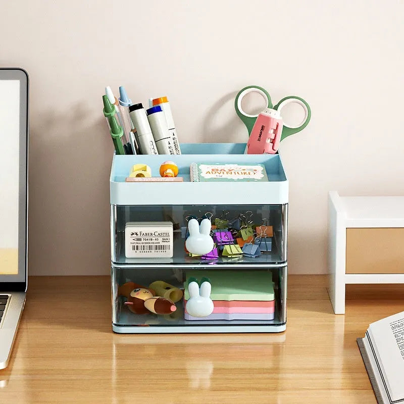 Transparent partitioned desktop storage box with grid inserts in cherry blossom pink colour