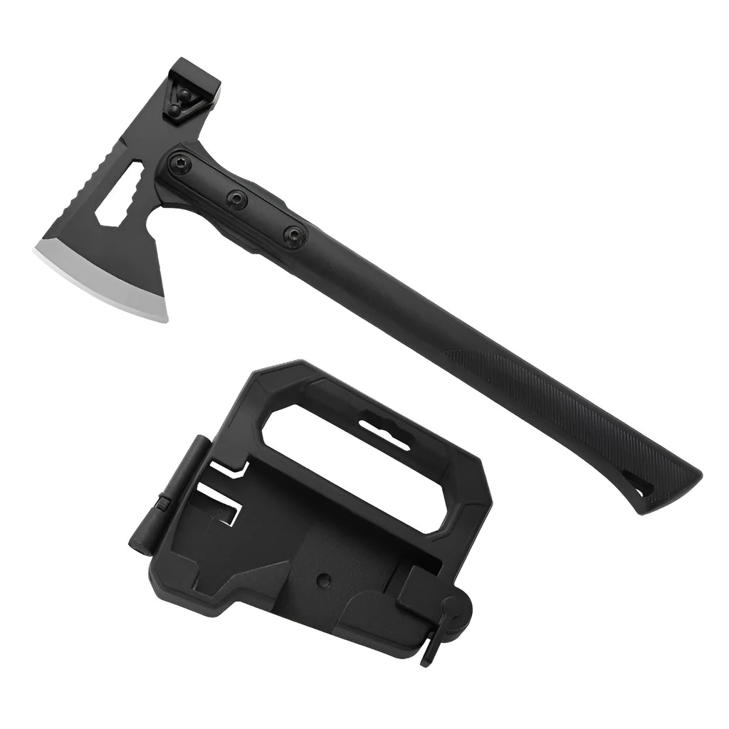 Stainless steel camping axe with ABS plastic handle in outdoor setting
