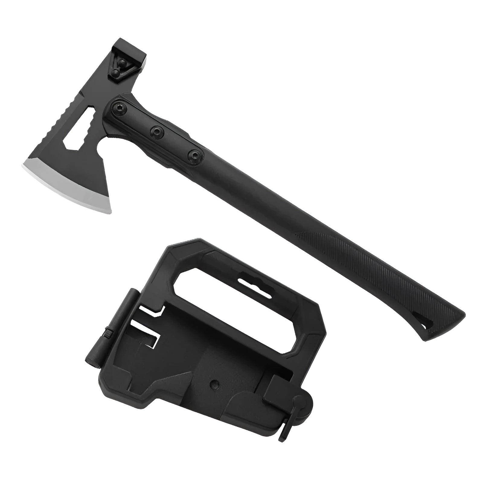 Stainless steel camping axe with ABS plastic handle in outdoor setting
