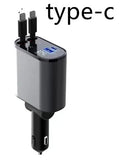 Metal car charger with retractable cable and adjustable head, USB and Type-C ports, 100W fast charging