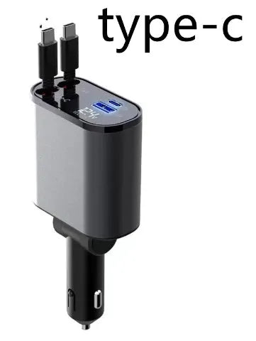 Metal car charger with retractable cable and adjustable head, USB and Type-C ports, 100W fast charging