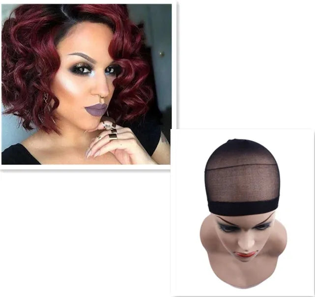 European Beauty wig headgear wine red 12inch full mechanism oblique bangs front view