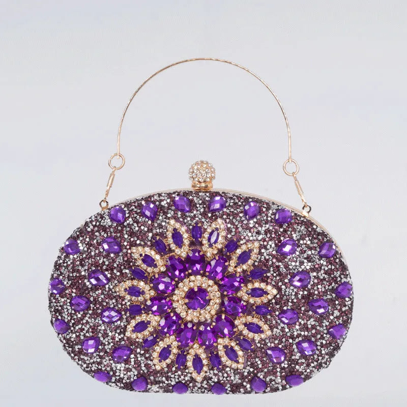Gold hardware and rhinestone banquet handbag with structured retro design measuring 20cm wide