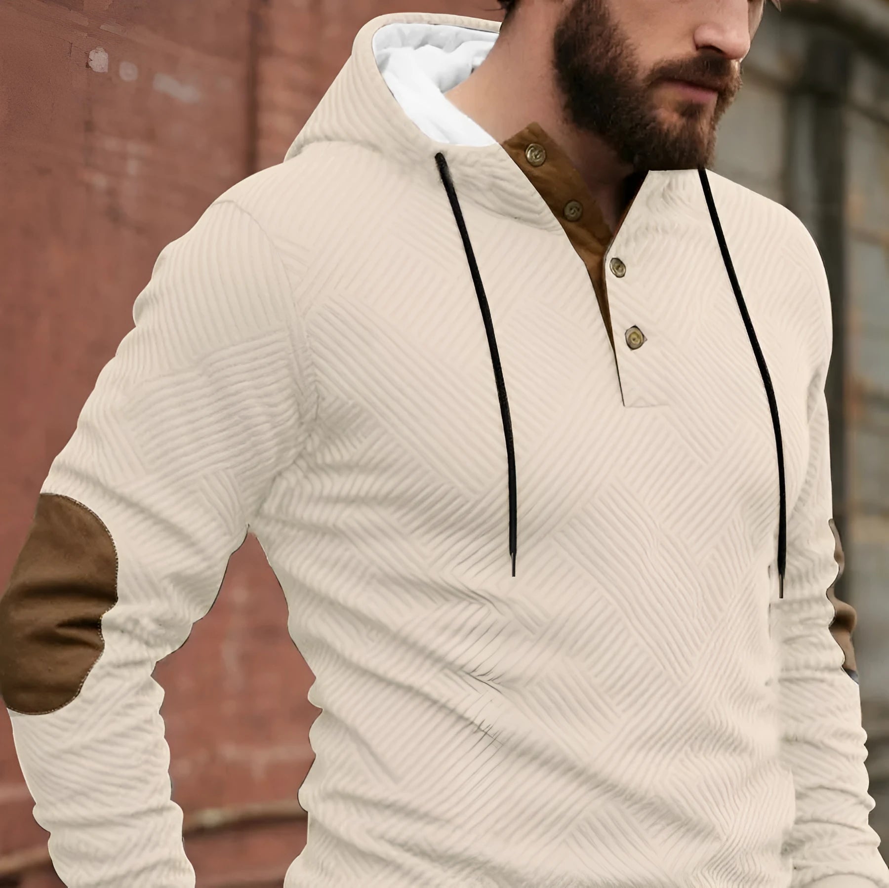 Men's loose hooded casual pullover in dark gray, long sleeves, polyester fibre construction