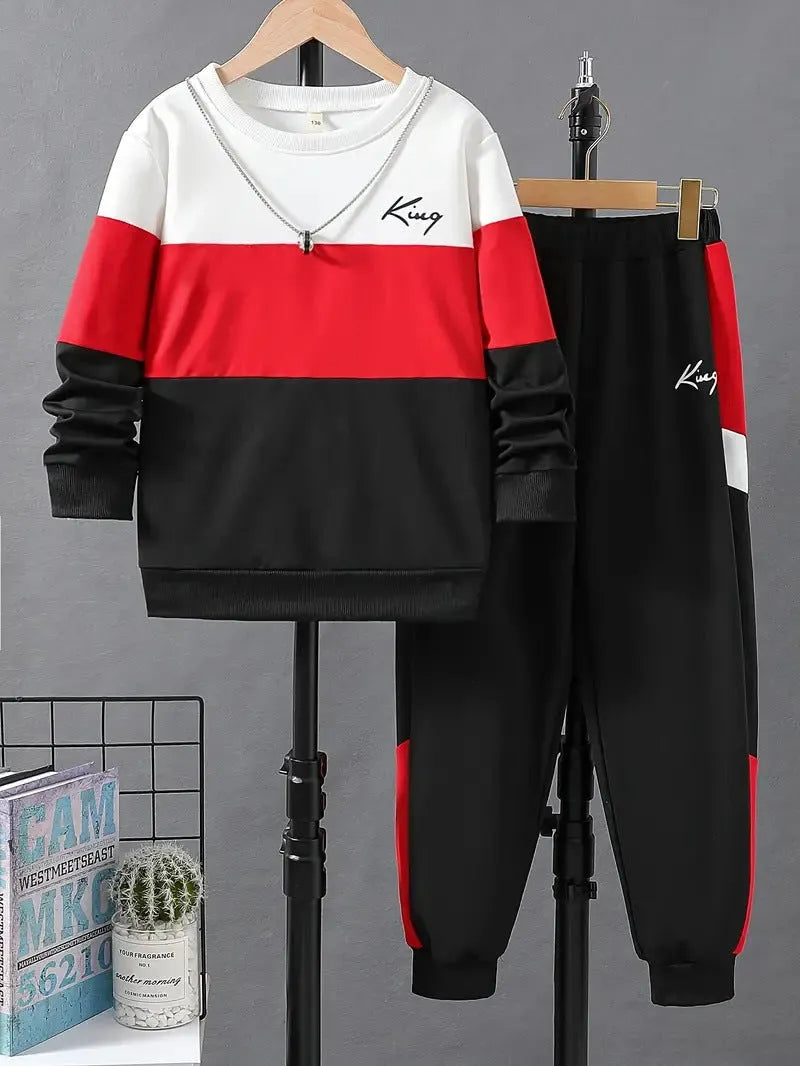 Design Sense boys cotton blend pullover hoodie and jogger trousers two-piece set in multicolour options