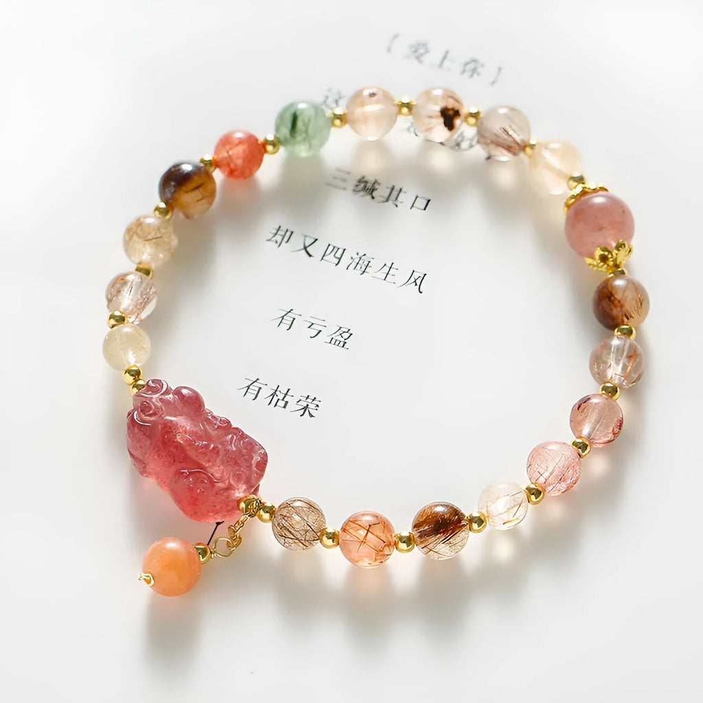 Chinese style strawberry quartz crystal bracelet with copper setting and pearl accents for women