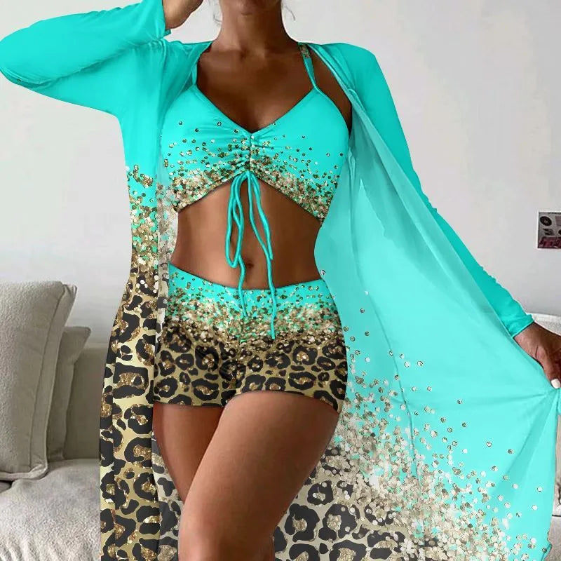 Women's polyester swimsuit set with sling, shorts, and coat in lake blue, black, or rose red