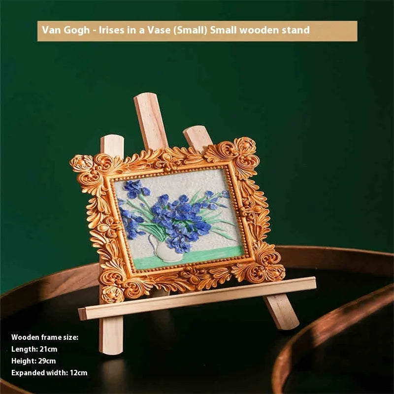 DIY filled oil painting craft kit with epoxy clay base, acrylic paints, and brushes for creating textured Van Gogh or Monet art reproductions.
