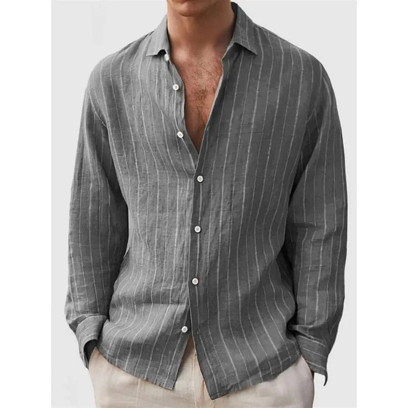 Men's long sleeve striped polyester shirt in loose fit cardigan style available in multiple colours and sizes XS to 5XL