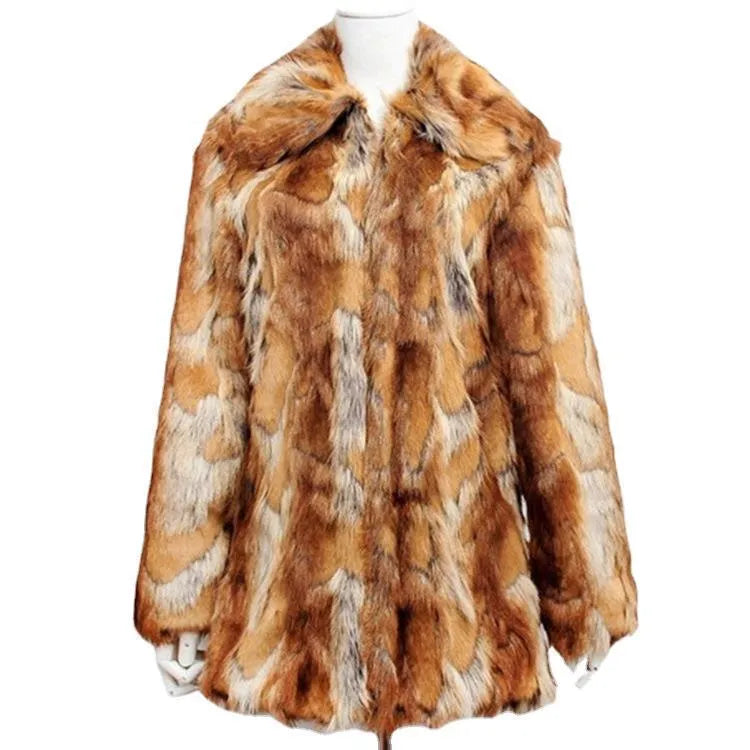 Women's slim-fit tiger pattern faux fur leather jacket with long sleeves on a model.