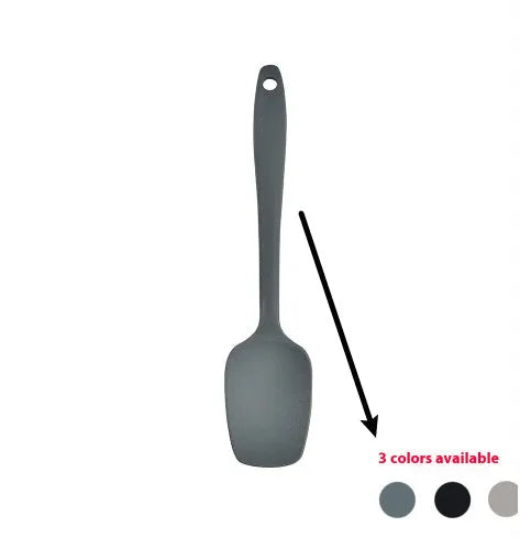 12-piece black silicone kitchen utensil set including spatula, spoon, and claw tools in a rotating storage bucket on a kitchen counter.