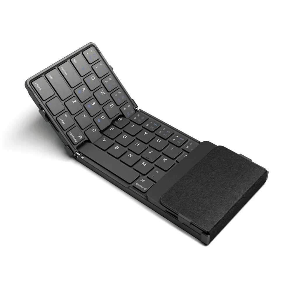 Black folding Bluetooth keyboard for mobile phones and tablets shown in open and closed positions