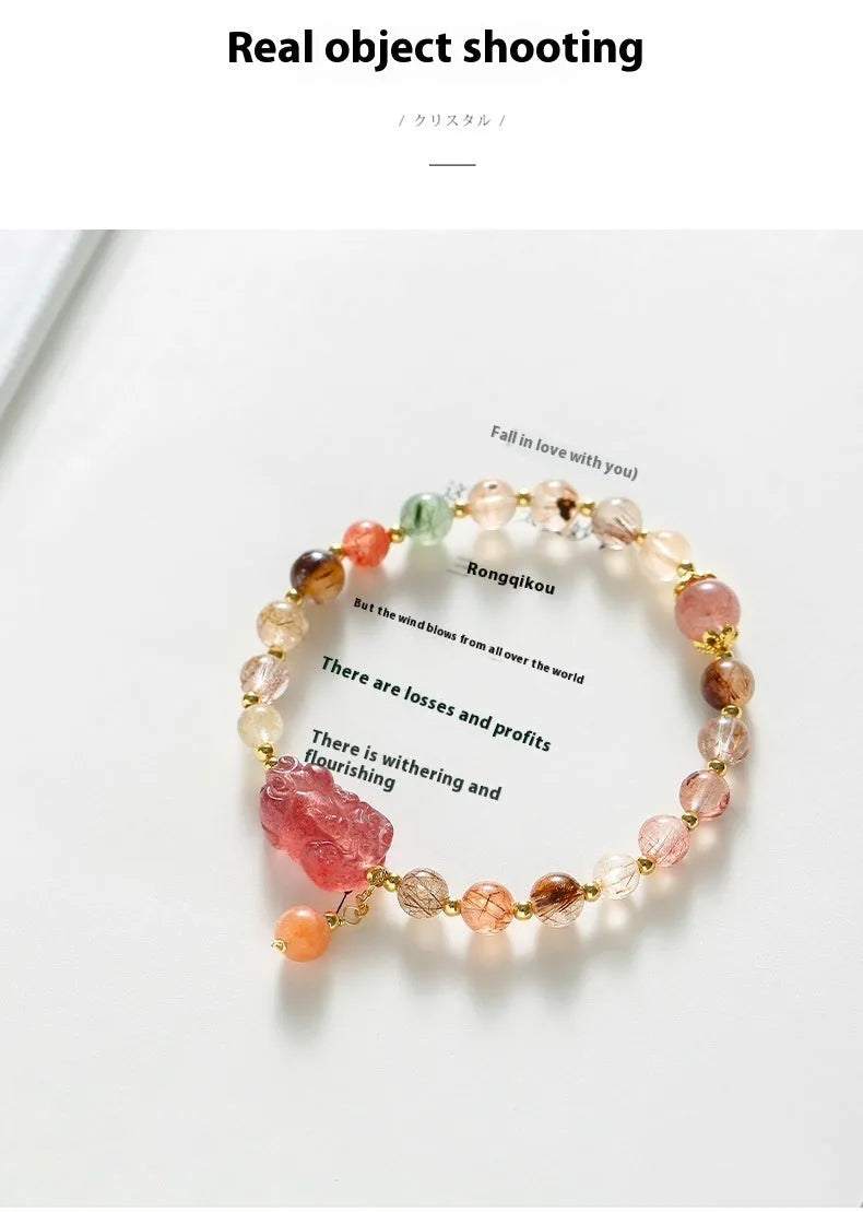 Chinese style strawberry quartz crystal bracelet with copper setting and pearl accents for women