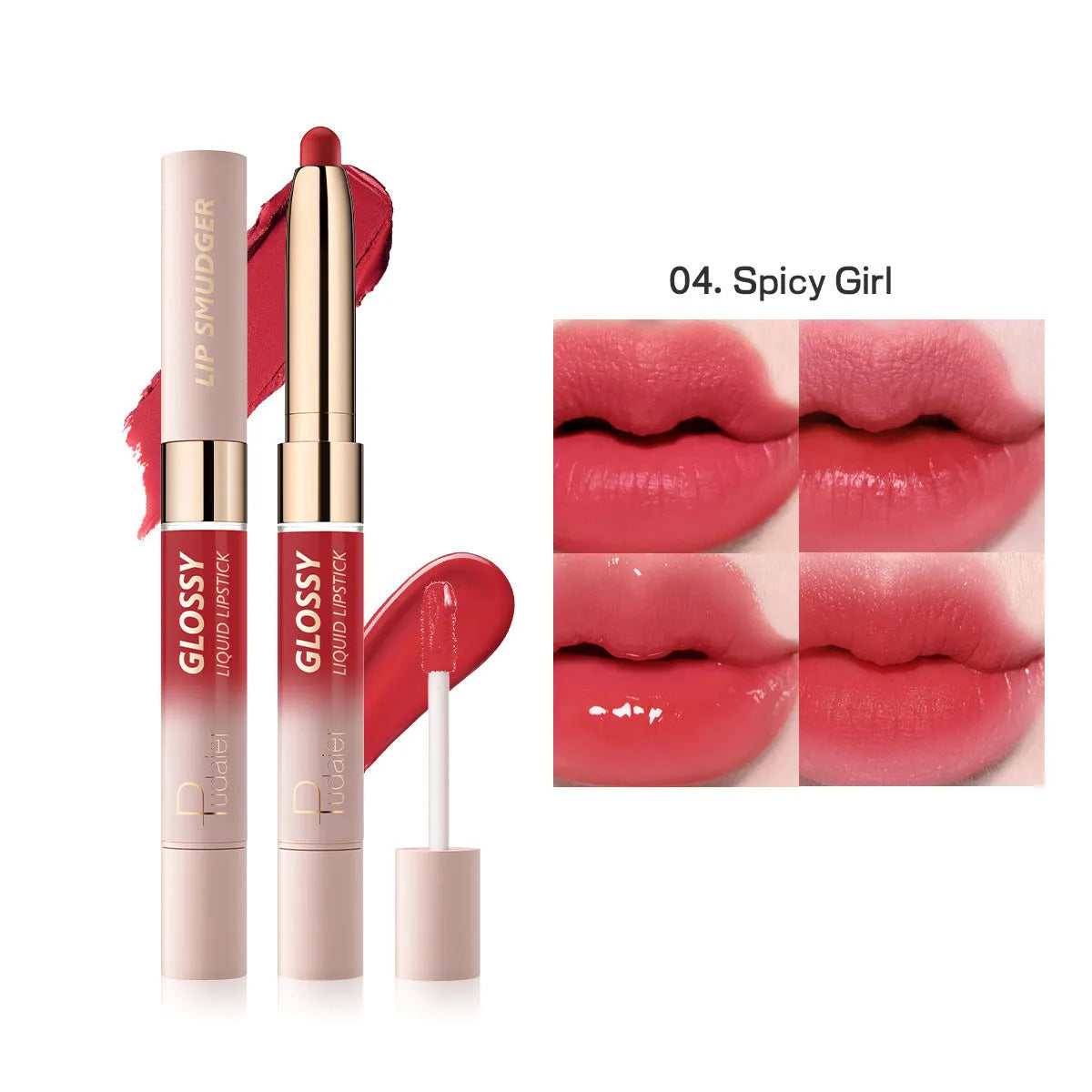 Double-headed lipstick with matte finish showing ten colour options from 01 to 10